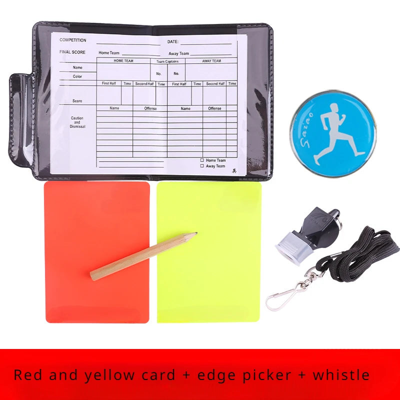 Football referee card game, referee patrol flag, red and yellow card with pencil, football warning card and edge picker