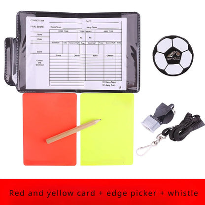 Football referee card game, referee patrol flag, red and yellow card with pencil, football warning card and edge picker