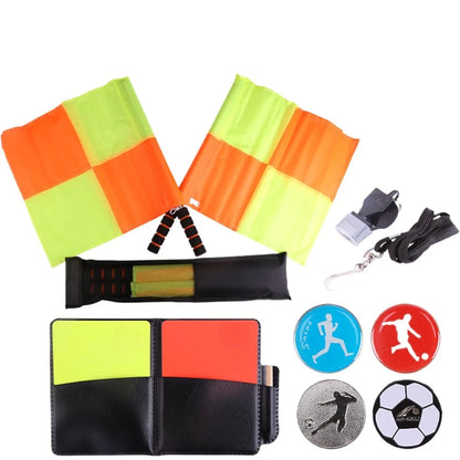 Football referee card game, referee patrol flag, red and yellow card with pencil, football warning card and edge picker