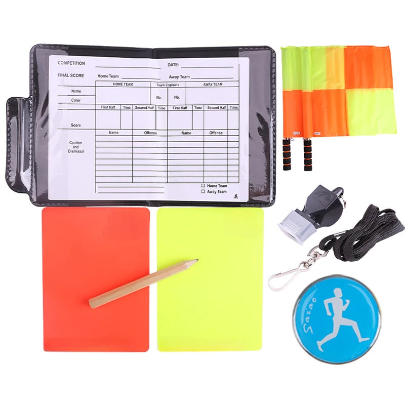 Football referee card game, referee patrol flag, red and yellow card with pencil, football warning card and edge picker