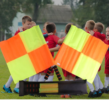 Football referee card game, referee patrol flag, red and yellow card with pencil, football warning card and edge picker