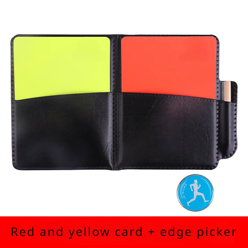 Football referee card game, referee patrol flag, red and yellow card with pencil, football warning card and edge picker