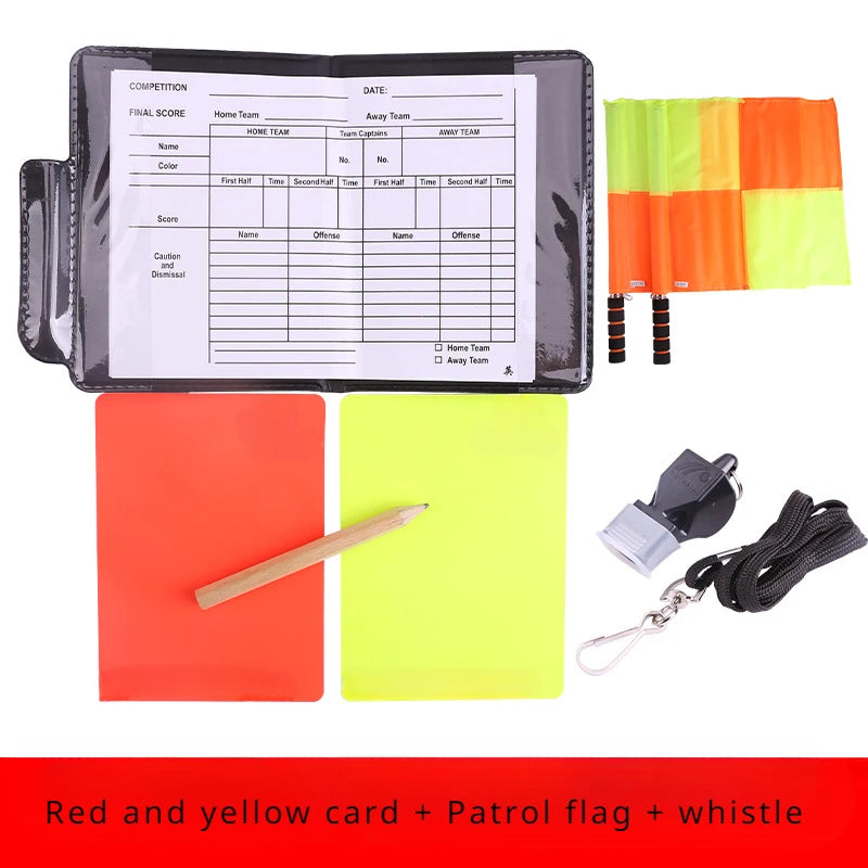 Football referee card game, referee patrol flag, red and yellow card with pencil, football warning card and edge picker