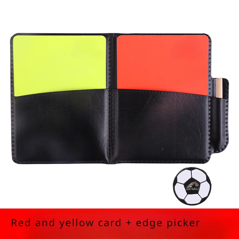 Football referee card game, referee patrol flag, red and yellow card with pencil, football warning card and edge picker