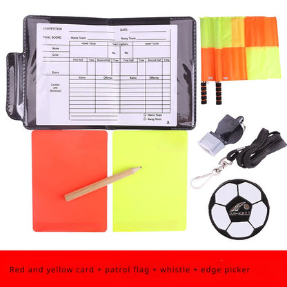 Football referee card game, referee patrol flag, red and yellow card with pencil, football warning card and edge picker