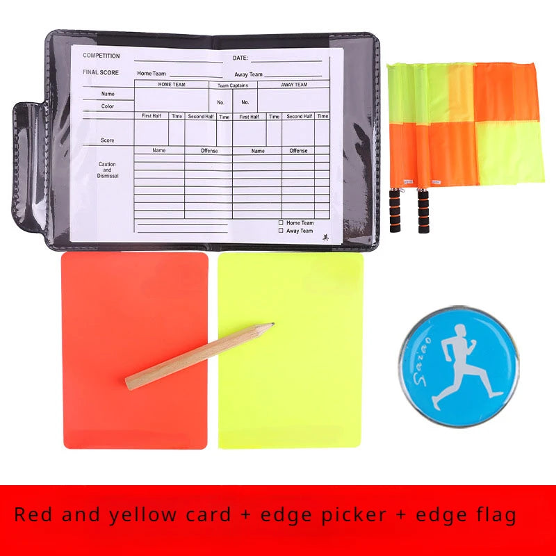 Football referee card game, referee patrol flag, red and yellow card with pencil, football warning card and edge picker