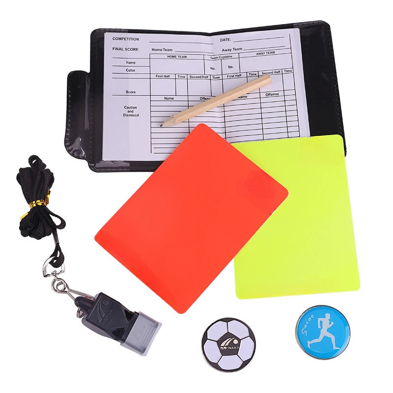 Football referee card game, referee patrol flag, red and yellow card with pencil, football warning card and edge picker