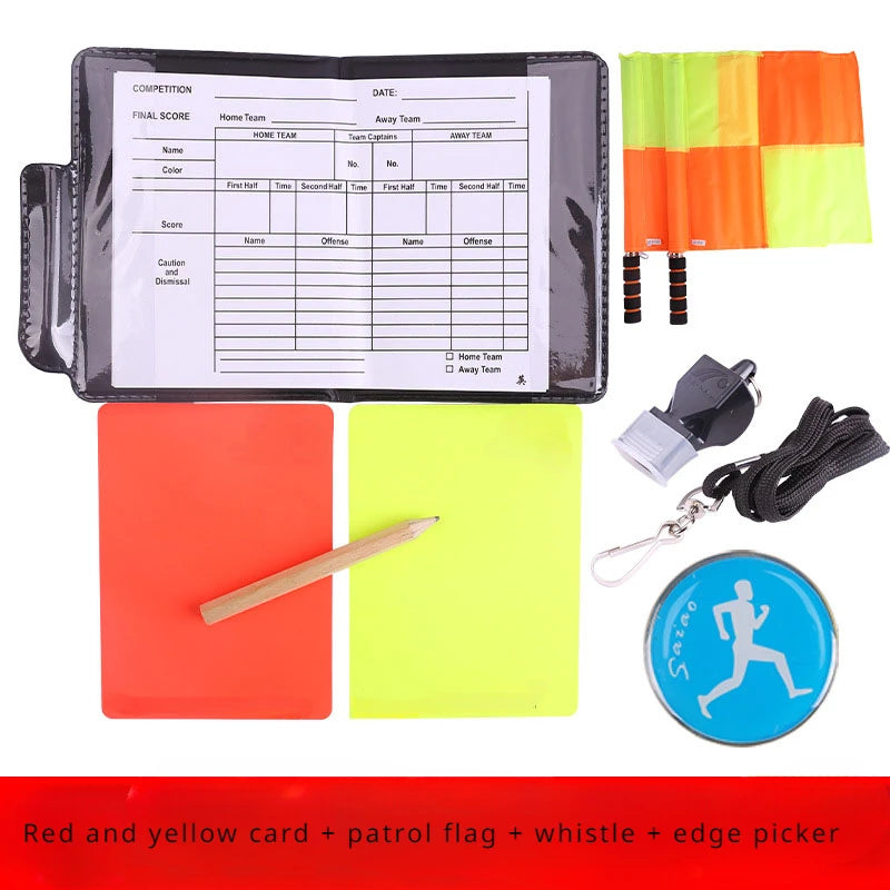 Football referee card game, referee patrol flag, red and yellow card with pencil, football warning card and edge picker