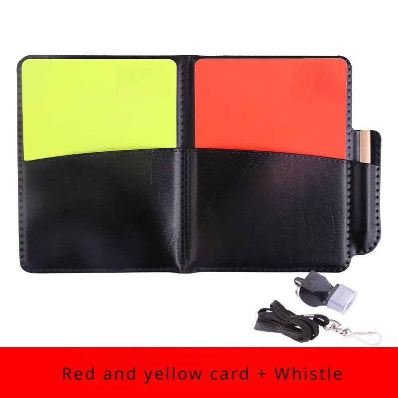 Football referee card game, referee patrol flag, red and yellow card with pencil, football warning card and edge picker